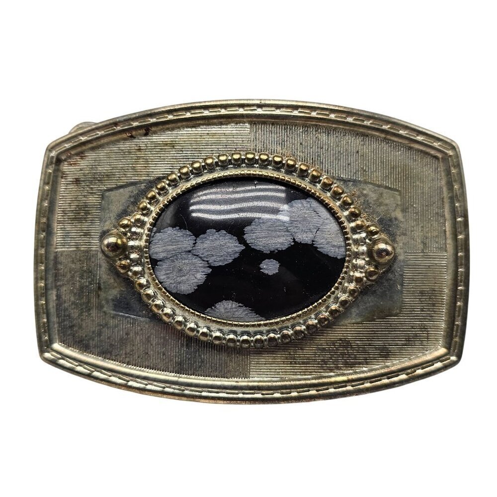 Silver-Tone Belt Buckle With Oval Snowflake Obsidian Gemstone Bead Inlay Vintage